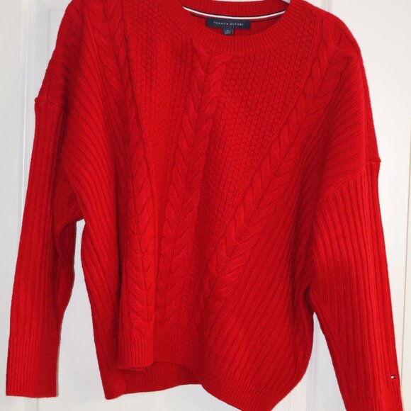 Tommy Hilfiger Cable Knit Crewneck Sweater Red XL - Picture 5 of 7